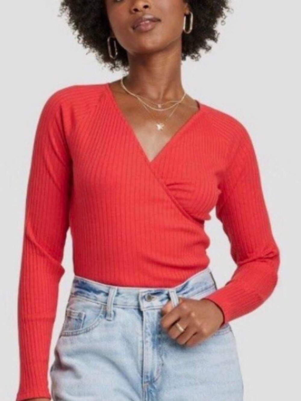 Universal Thread Red Ribbed Texture Slim Fit LS V-Neck Faux Wrap Shirt